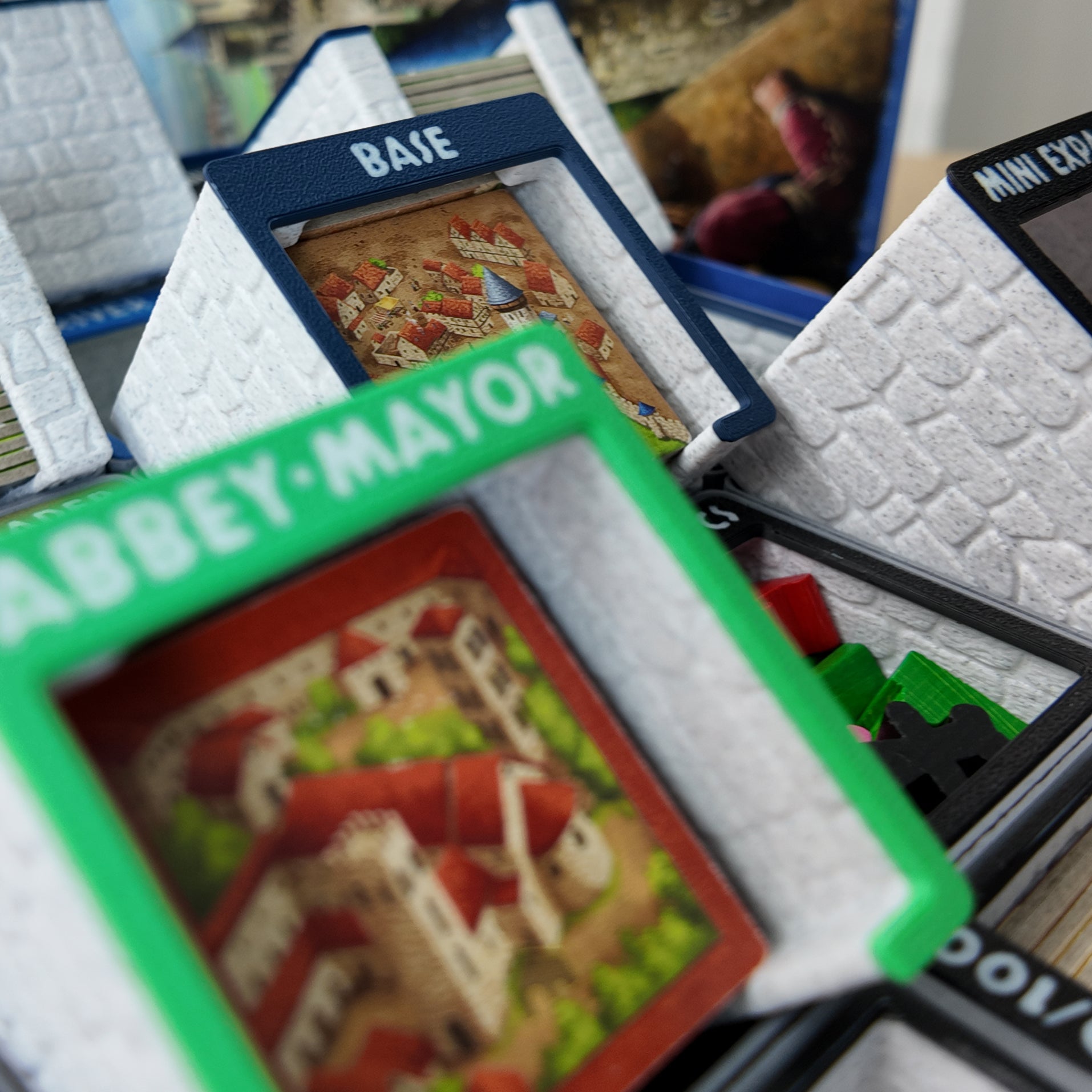 LegendaryMakes Carcassonne Stone & Marble Ruins Gridfinity Organizer – Side view of modular Gridfinity base and bins close up