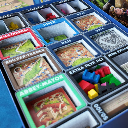 LegendaryMakes Carcassonne Stone & Marble Ruins Gridfinity Organizer – Full set installed in base game box showing marble drop-ins
