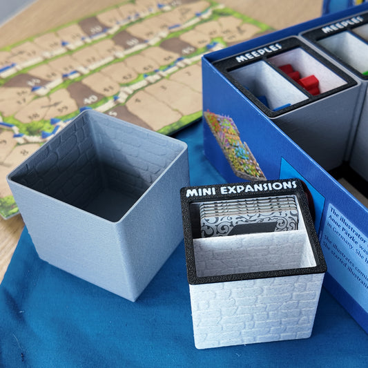 LegendaryMakes Carcassonne Stone & Marble Ruins Gridfinity Organizer – Crisp Skranji engraved labels in white PLA Mini Expansions 2 bin and bin