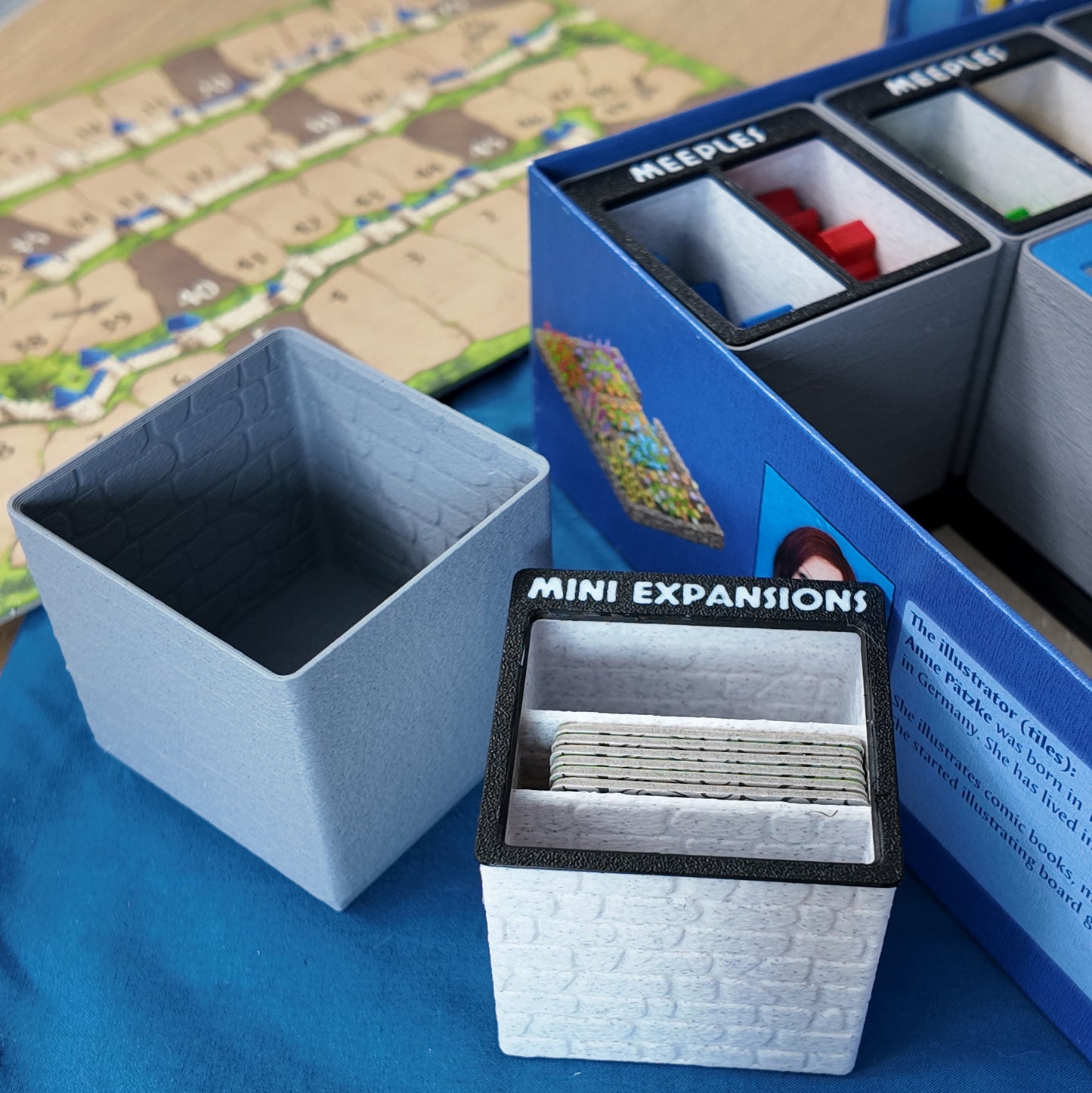 LegendaryMakes Carcassonne Stone & Marble Ruins Gridfinity Organizer – Crisp Skranji engraved labels in white PLA Mini Expansions 3 bin and bin