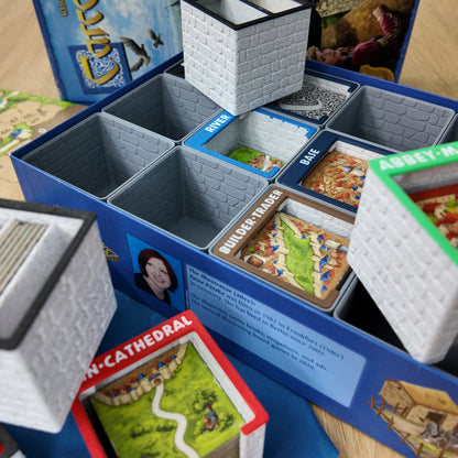 LegendaryMakes Carcassonne Stone & Marble Ruins Gridfinity Organizer – Side view of modular Gridfinity base and bins